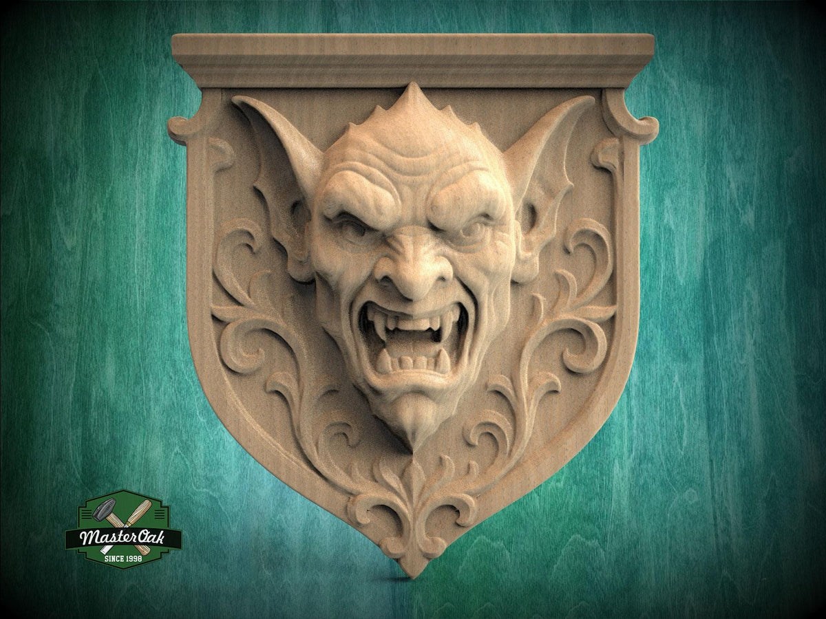 Gothic Grotesque Corbel – Vampire Gargoyle Mask on Heraldic Shield, Medieval Gothic Revival Decor, 1pc, Unpainted