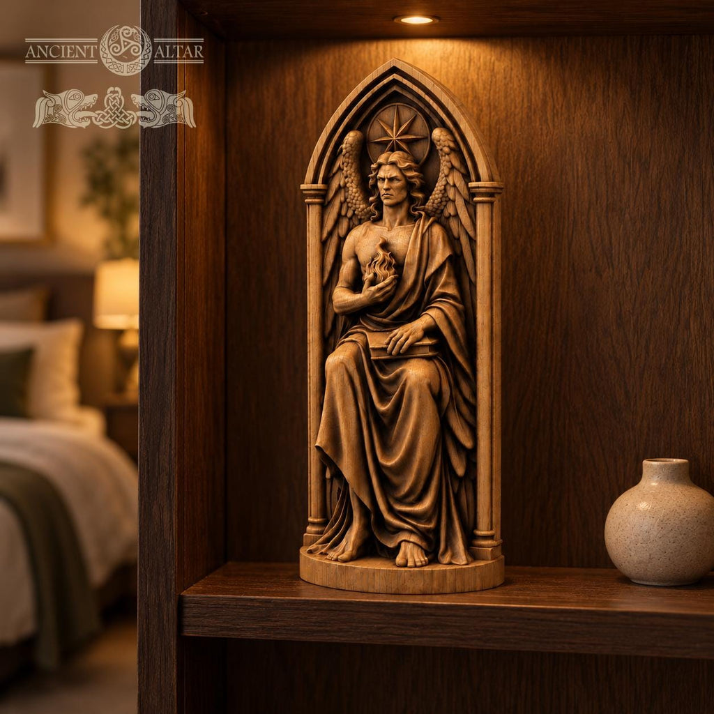 Lucifer Statue with Book and Flame, Solid Oak Fallen Angel Sculpture, Gothic Arch Altar Decor, Morning Star Figurine