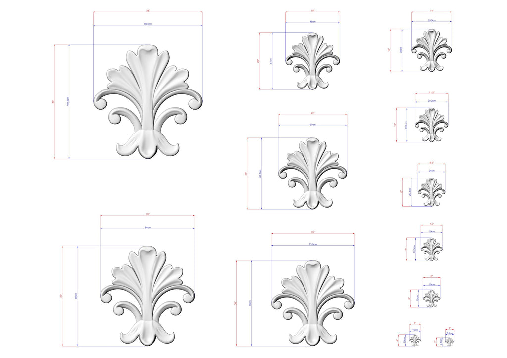 a collection of stylized, decorative white floral designs with accompanying measurements. The designs are arranged in a grid format, with each design being a separate image. The measurements provided are in millimeters, indicating the size of the floral designs. The image does not contain any text or additional elements that would require a more detailed description.