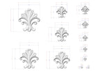 a collection of stylized, decorative white floral designs with accompanying measurements. The designs are arranged in a grid format, with each design being a separate image. The measurements provided are in millimeters, indicating the size of the floral designs. The image does not contain any text or additional elements that would require a more detailed description.