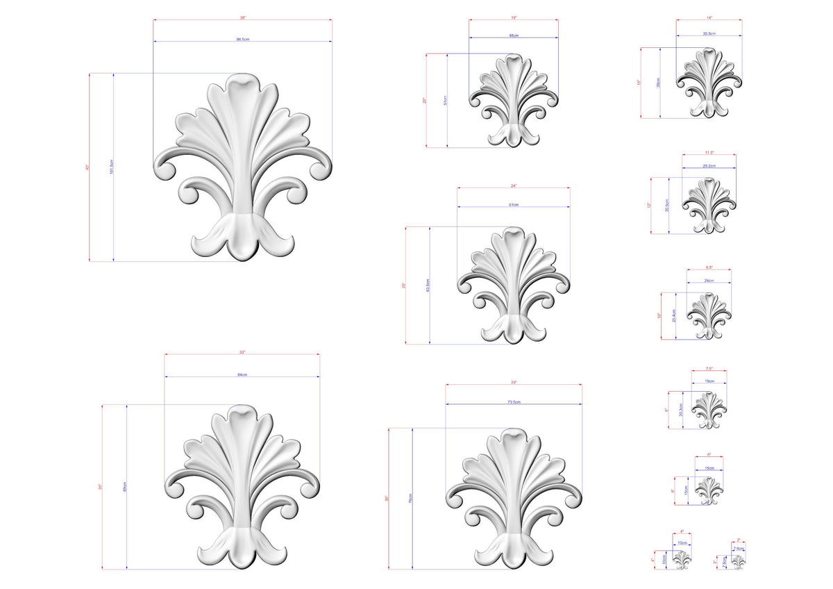 a collection of stylized, decorative white floral designs with accompanying measurements. The designs are arranged in a grid format, with each design being a separate image. The measurements provided are in millimeters, indicating the size of the floral designs. The image does not contain any text or additional elements that would require a more detailed description.