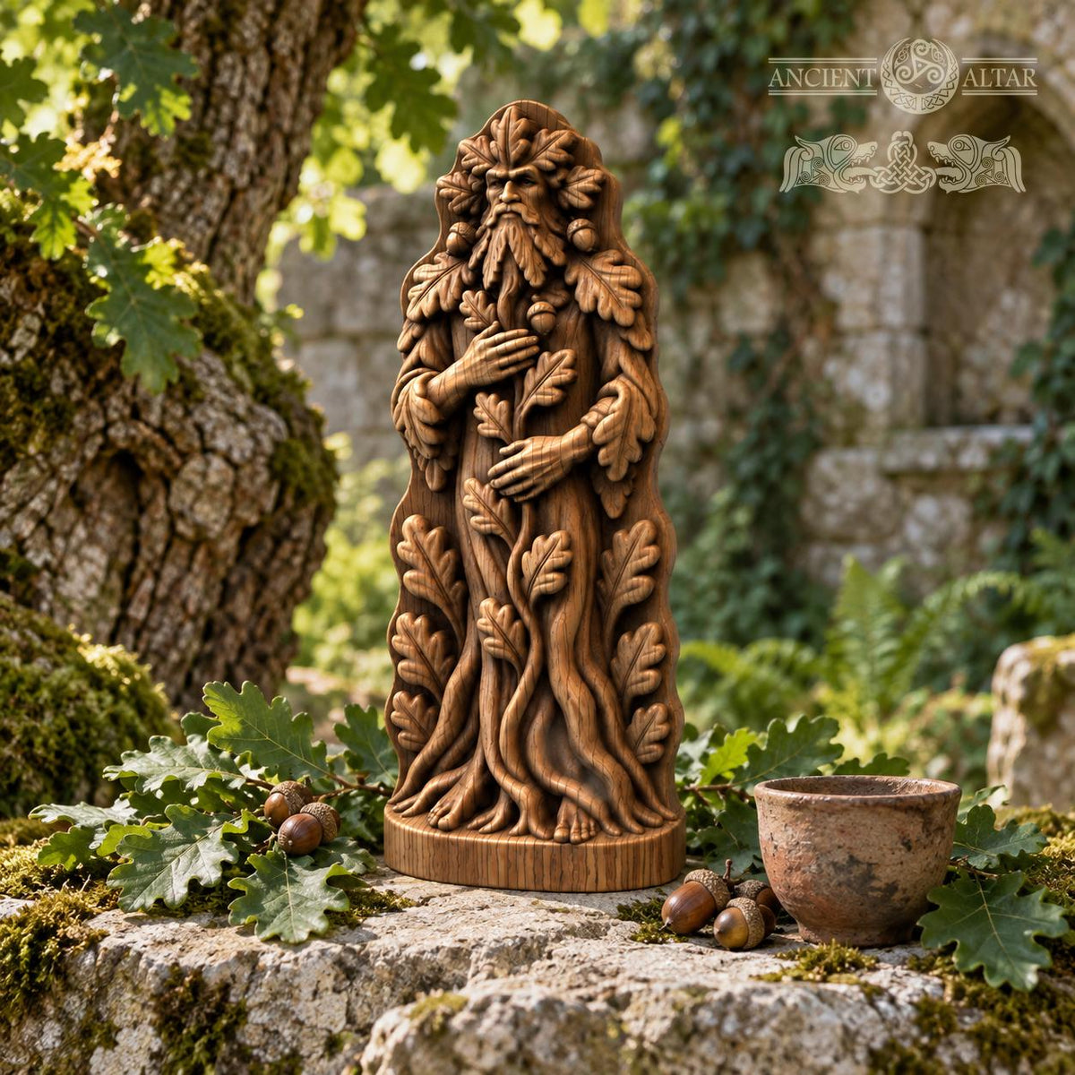 Green Man Tree Guardian Statue, Oak Wood Woodland Spirit, Leaf Crown and Root Sculpture, Pagan Altar Decor, Forest Lover Gift
