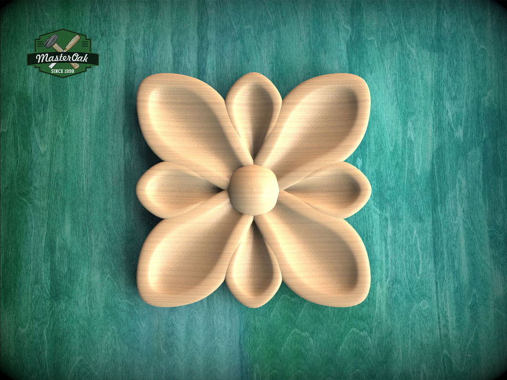 A wooden flower-shaped object is displayed against a green background.
