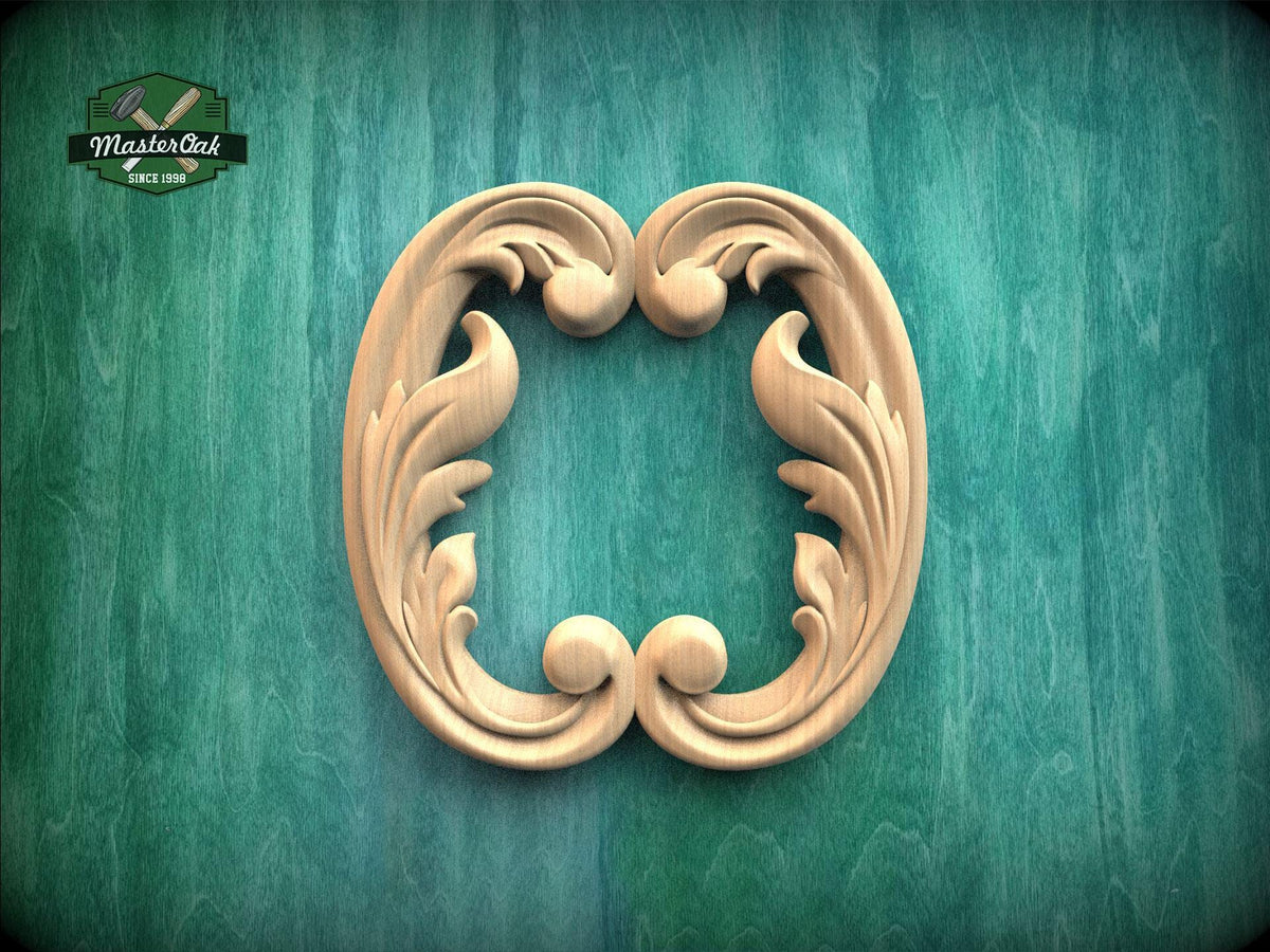 a decorative wooden frame with an ornate, scroll-like design on a green background.