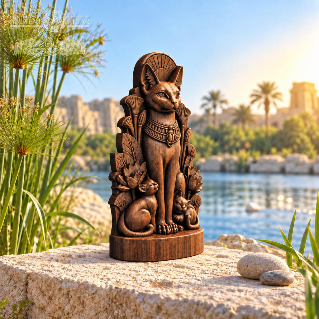 Egyptian Bastet Cat Statue with Kittens, Wooden Goddess Figurine, Ancient Egypt Altar Decor, Cat Lover Gift, Pagan Sculpture