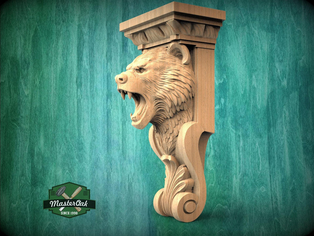 Roaring Bear Support Bracket– Rustic Wood Corbel for Mantel or Cabinet