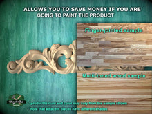 Load image into Gallery viewer, The image is a comparison of two different types of wood samples, one being a finger-jointed sample and the other being a multi-toned wood sample. The finger-jointed sample is shown on a green background, while the multi-toned wood sample is shown on a wooden surface. The text above the samples states that the product texture and color may vary from the sample shown, and there is a note that adjacent pieces have different shades.
