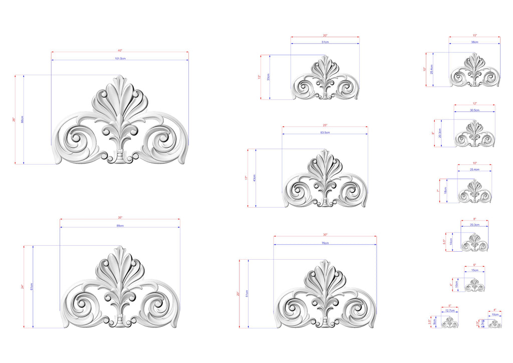 a collection of ornate, decorative designs with intricate scrollwork and floral elements. The designs are presented in various sizes and orientations, showcasing the versatility and artistic nature of the craftsmanship.
