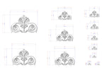 a collection of ornate, decorative designs with intricate scrollwork and floral elements. The designs are presented in various sizes and orientations, showcasing the versatility and artistic nature of the craftsmanship.