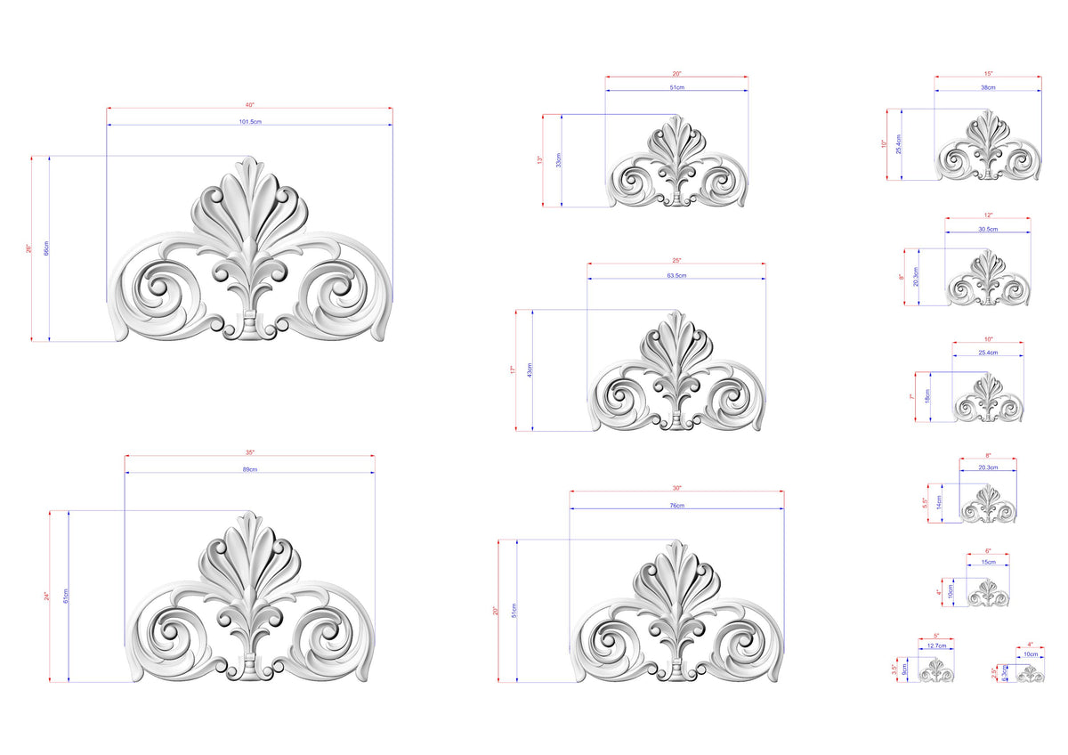 a collection of ornate, decorative designs with intricate scrollwork and floral elements. The designs are presented in various sizes and orientations, showcasing the versatility and artistic nature of the craftsmanship.
