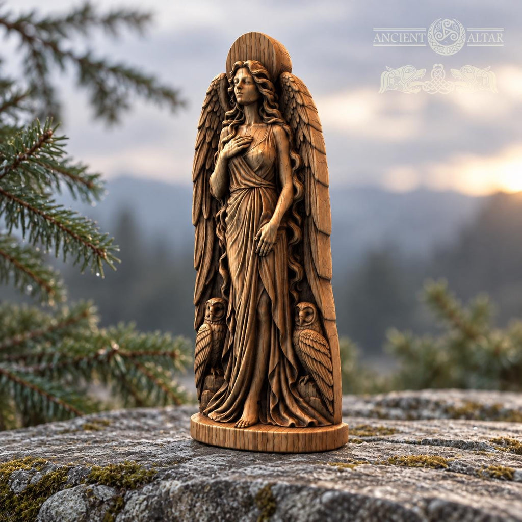 Lilith Owl Statue, Wooden Dark Goddess Figurine, Winged Goddess Altar Decor, Moon and Owl Sculpture, Occult Pagan Gift