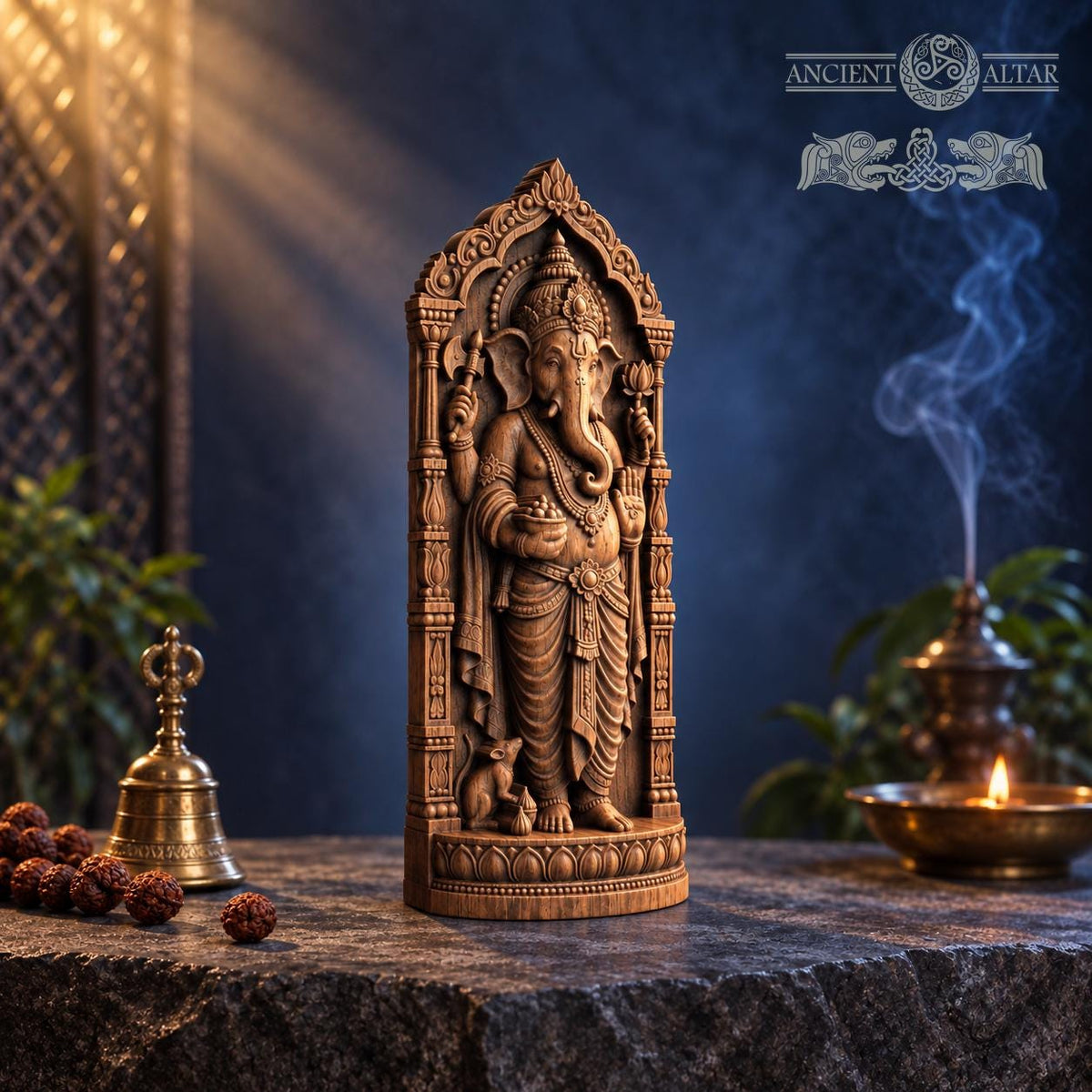 Wooden Ganesha Statue, Hindu Elephant God Figurine, Ganesh Altar Decor, Indian Deity Sculpture, Spiritual Yoga Gift