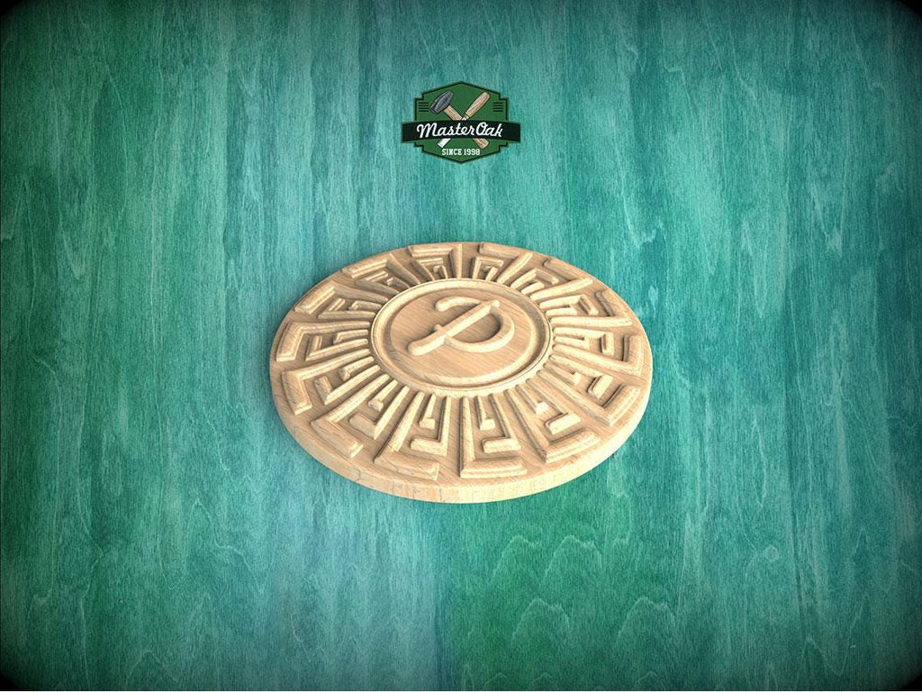 Personalized Carved Rosette - Greek Key Design in Natural Wood, 1pc, Unpainted, Home Wall Decor, Wooden Trim, Wood Art Decor