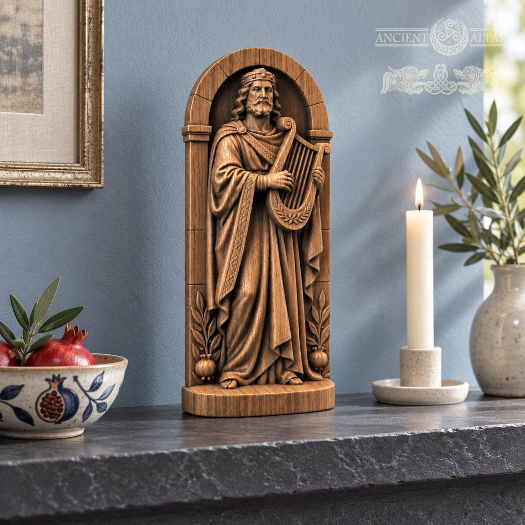 King David with Harp, Oak Wood Statue in Arched Frame, Biblical King Sculpture, Judaica Decor, Gift for Music Lovers