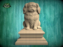 Load image into Gallery viewer, Carved wooden Pekingese dog finial sitting on decorative base, designed as a post topper for fence, deck or stair posts.
