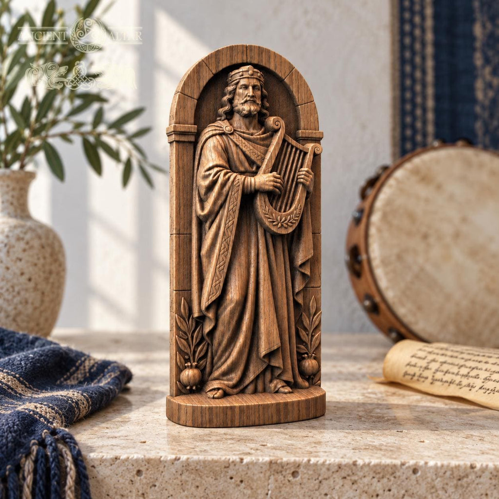 King David with Harp, Oak Wood Statue in Arched Frame, Biblical King Sculpture, Judaica Decor, Gift for Music Lovers