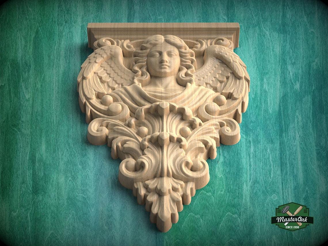 Carved Wood Angel Wall Applique with Wings and Acanthus Scrollwork