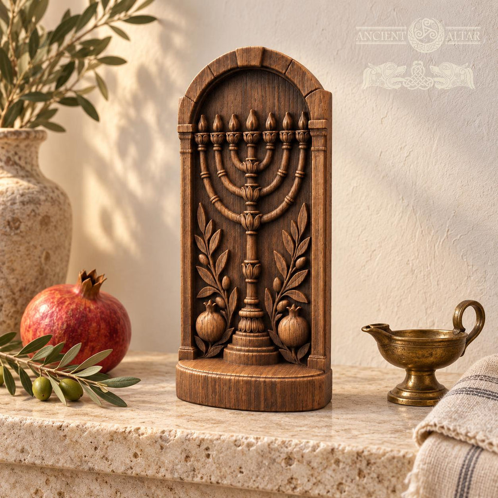 Menorah Oak Wood Sculpture, Seven Branch Menorah with Olive Branches and Pomegranates, Judaica Decor, Jewish Housewarming Gift