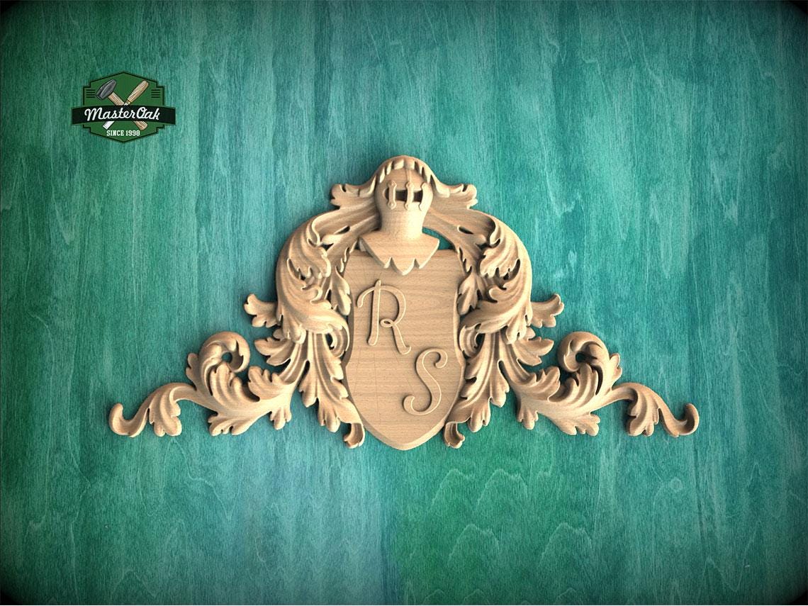 Personalized Regal Acanthus Leaf Wood Onlay, Heraldic Shield for Stately Decor, 1 pc, Unpainted, decorative wood trim