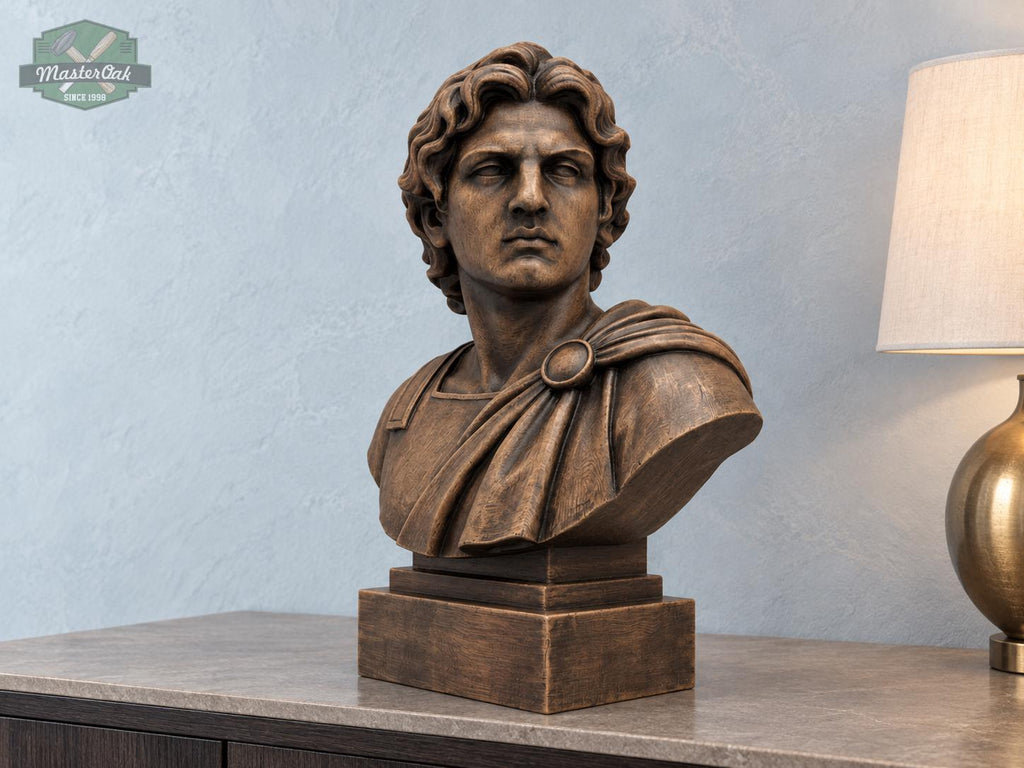 Alexander the Great Bust | Carved & Hand-Finished Wood Statue | Conqueror Gift