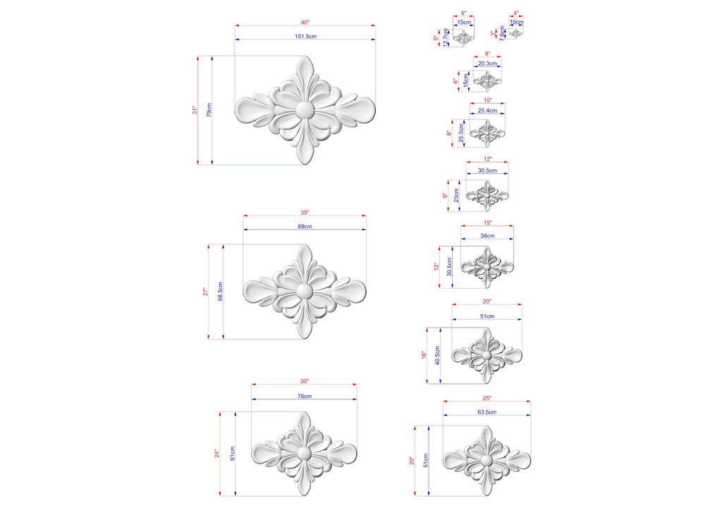 a series of white, decorative flower-like shapes with varying sizes, each accompanied by a set of measurements in centimeters. The shapes are arranged in a grid-like pattern, with each row representing a different size and the columns representing the different shapes. The image does not contain any text or additional objects, and the relative positions of the shapes and their measurements are consistent throughout the image.