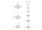 a series of white, decorative flower-like shapes with varying sizes, each accompanied by a set of measurements in centimeters. The shapes are arranged in a grid-like pattern, with each row representing a different size and the columns representing the different shapes. The image does not contain any text or additional objects, and the relative positions of the shapes and their measurements are consistent throughout the image.