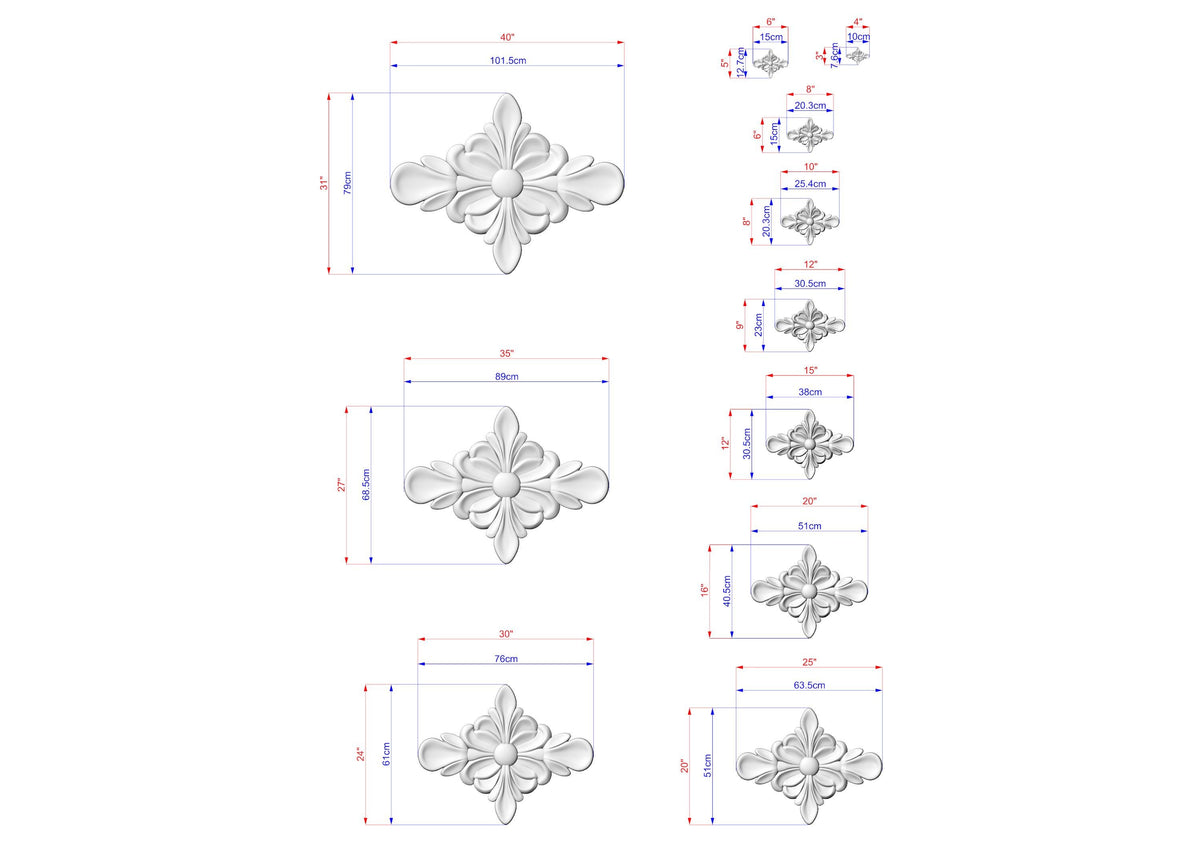 a series of white, decorative flower-like shapes with varying sizes, each accompanied by a set of measurements in centimeters. The shapes are arranged in a grid-like pattern, with each row representing a different size and the columns representing the different shapes. The image does not contain any text or additional objects, and the relative positions of the shapes and their measurements are consistent throughout the image.