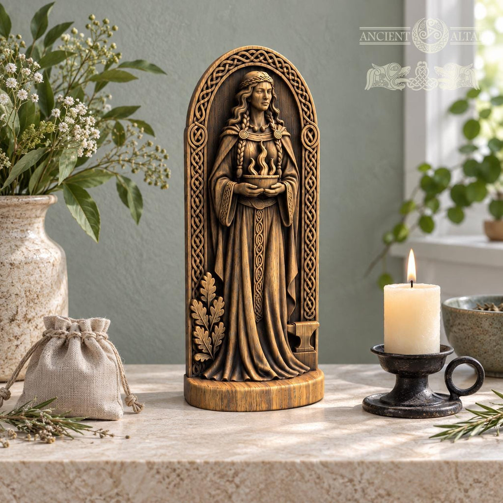 Brigid Statue with Sacred Flame and Anvil, Wooden Celtic Goddess Figurine, Imbolc Altar Decor, Irish Pagan Smithcraft Gift