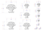 various sizes of white decorative elements, such as a stylized flower or leaf-like design, along with their corresponding dimensions. The sizes range from small to large, and the dimensions are provided in centimeters. The image is a collection of these elements, possibly for a design or architectural project.
