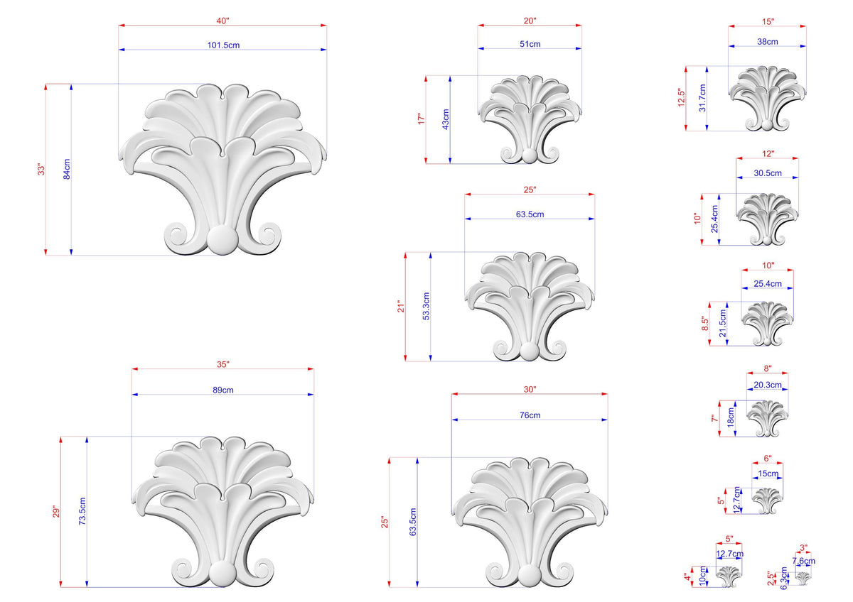 various sizes of white decorative elements, such as a stylized flower or leaf-like design, along with their corresponding dimensions. The sizes range from small to large, and the dimensions are provided in centimeters. The image is a collection of these elements, possibly for a design or architectural project.