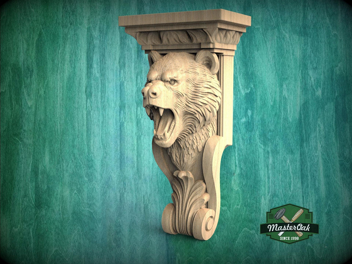 Roaring Bear Support Bracket– Rustic Wood Corbel for Mantel or Cabinet