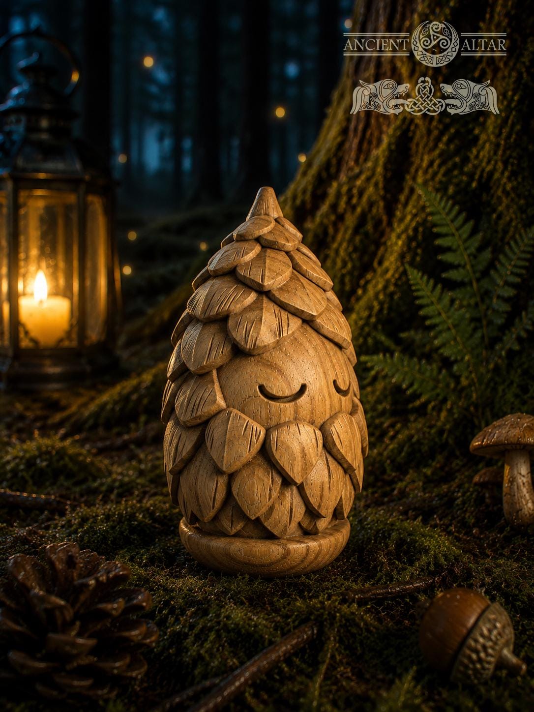 Pinecone Keeper Wooden Forest Spirit, Oak Woodland Figurine, Cute Nature Guardian, Rustic Cottagecore Decor, Small Fantasy Gift