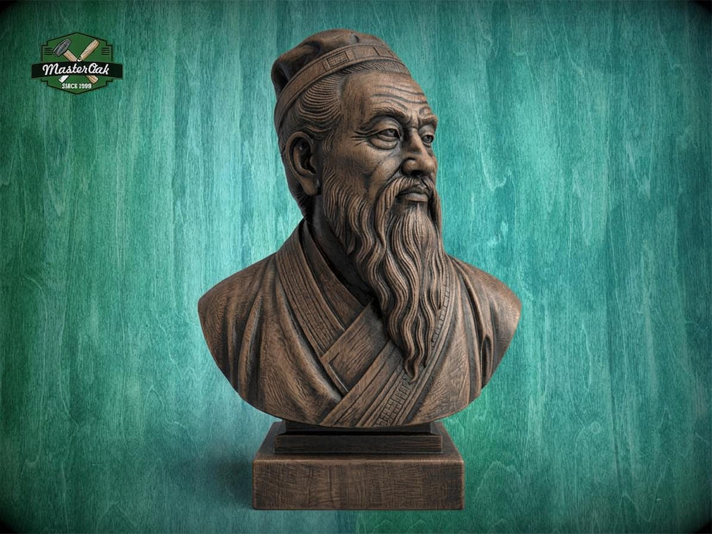 Confucius Bust | Carved & Hand-Finished Wood Statue | Chinese Philosophy Decor
