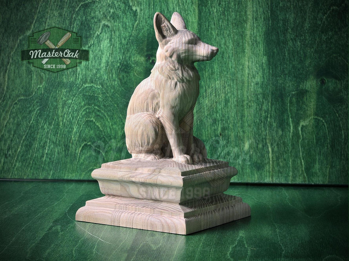 Wood carved fox newel post finial sculpture, natural wood animal statue sitting on a decorative pedestal, displayed on a green wood background