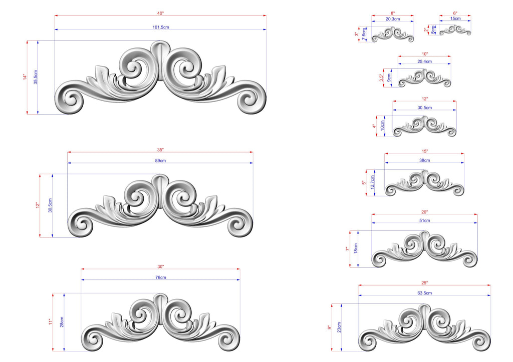 a collection of ornamental designs, including various sizes and shapes of decorative elements. The designs are depicted in a detailed manner, with measurements and scale provided for each piece.