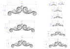 a collection of ornamental designs, including various sizes and shapes of decorative elements. The designs are depicted in a detailed manner, with measurements and scale provided for each piece.