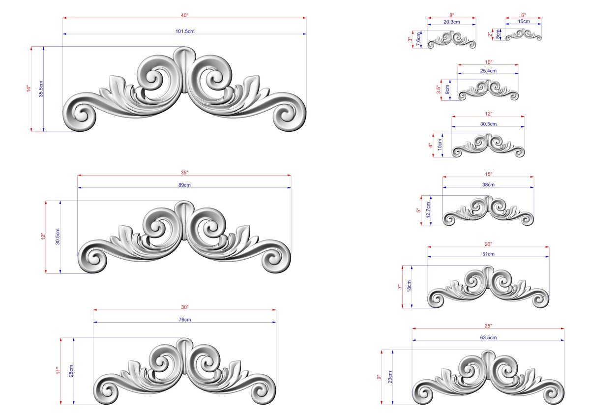 a collection of ornamental designs, including various sizes and shapes of decorative elements. The designs are depicted in a detailed manner, with measurements and scale provided for each piece.