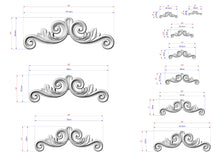 Load image into Gallery viewer, a collection of ornamental designs, including various sizes and shapes of decorative elements. The designs are depicted in a detailed manner, with measurements and scale provided for each piece.
