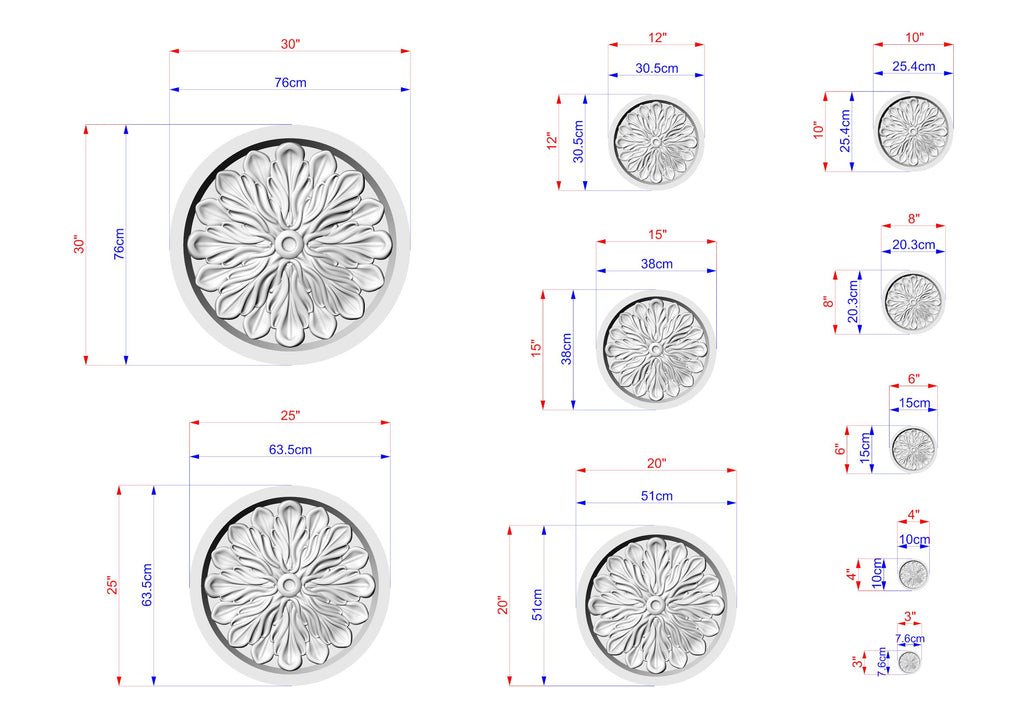 various sizes of circular designs, each with its own unique measurements and dimensions. The designs are arranged in a grid format, providing a clear visual representation of the different sizes available.