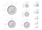 various sizes of circular designs, each with its own unique measurements and dimensions. The designs are arranged in a grid format, providing a clear visual representation of the different sizes available.