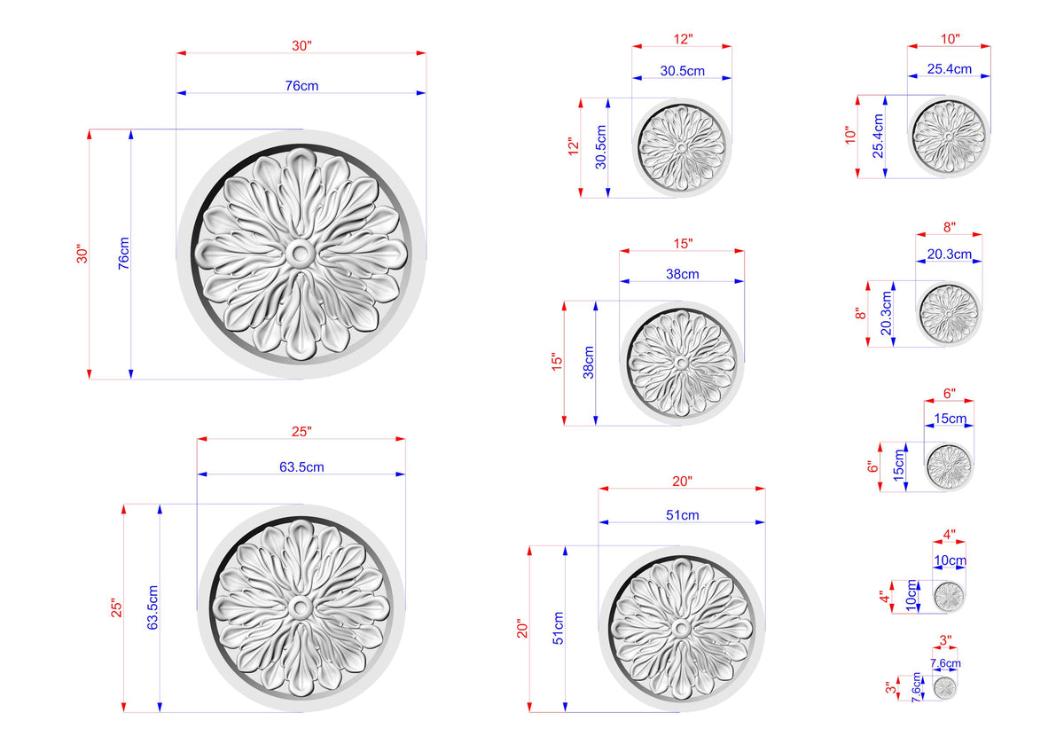 various sizes of circular designs, each with its own unique measurements and dimensions. The designs are arranged in a grid format, providing a clear visual representation of the different sizes available.