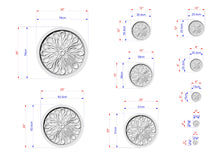 Load image into Gallery viewer, various sizes of circular designs, each with its own unique measurements and dimensions. The designs are arranged in a grid format, providing a clear visual representation of the different sizes available.
