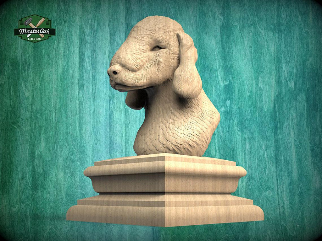 A 3D rendering of a wooden bust of a dog's head, displayed on a wooden pedestal against a green background.