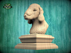A 3D rendering of a wooden bust of a dog's head, displayed on a wooden pedestal against a green background.