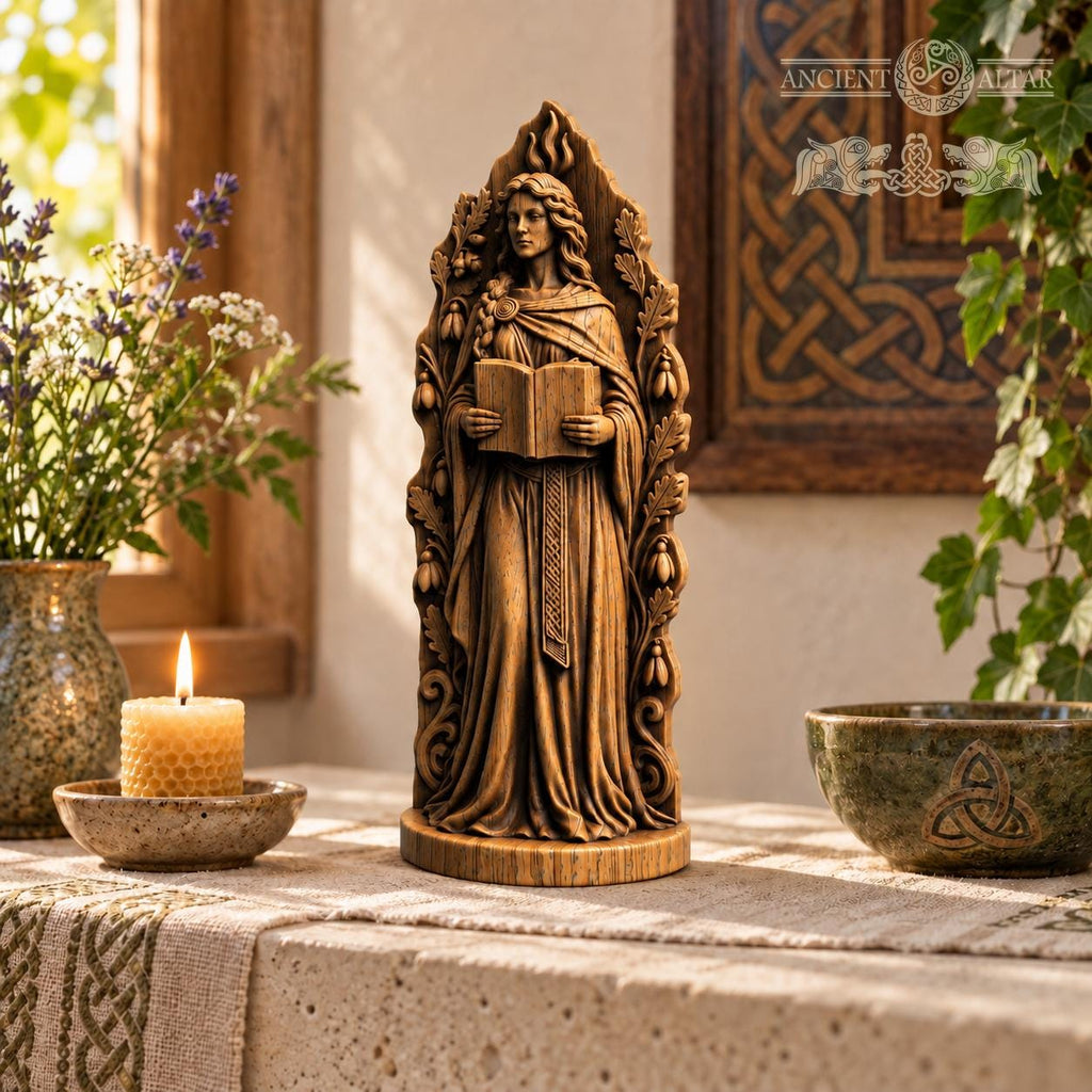 Brigid Goddess Statue with Book and Sacred Flame, Wooden Celtic Deity Figurine, Imbolc Altar Decor, Irish Pagan Gift