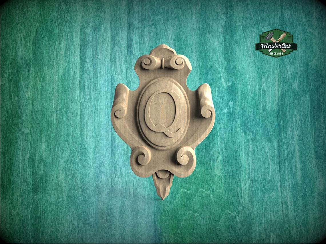 Personalized Noble Emblem: Ornate Wooden Cartouche Onlay, Unpainted, 1pc, Home Wall Embellishments, Furniture Carving
