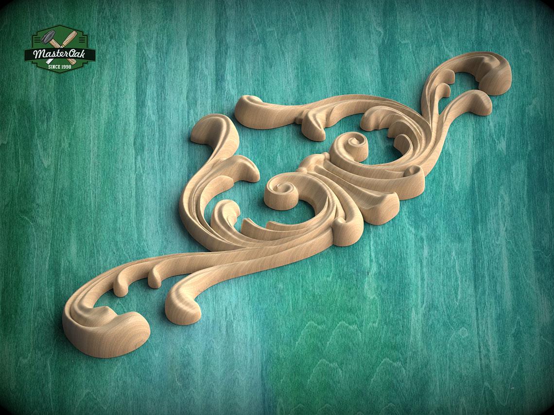 A decorative wooden carving with intricate scrollwork is displayed against a teal background.