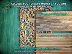 The image is a promotional image for Master Oak, a company that specializes in painting products. It features a wooden panel with intricate carvings and a finger-jointed sample of multi-toned wood. The text on the image encourages viewers to save money by painting the product, highlighting the product's texture and color variations.