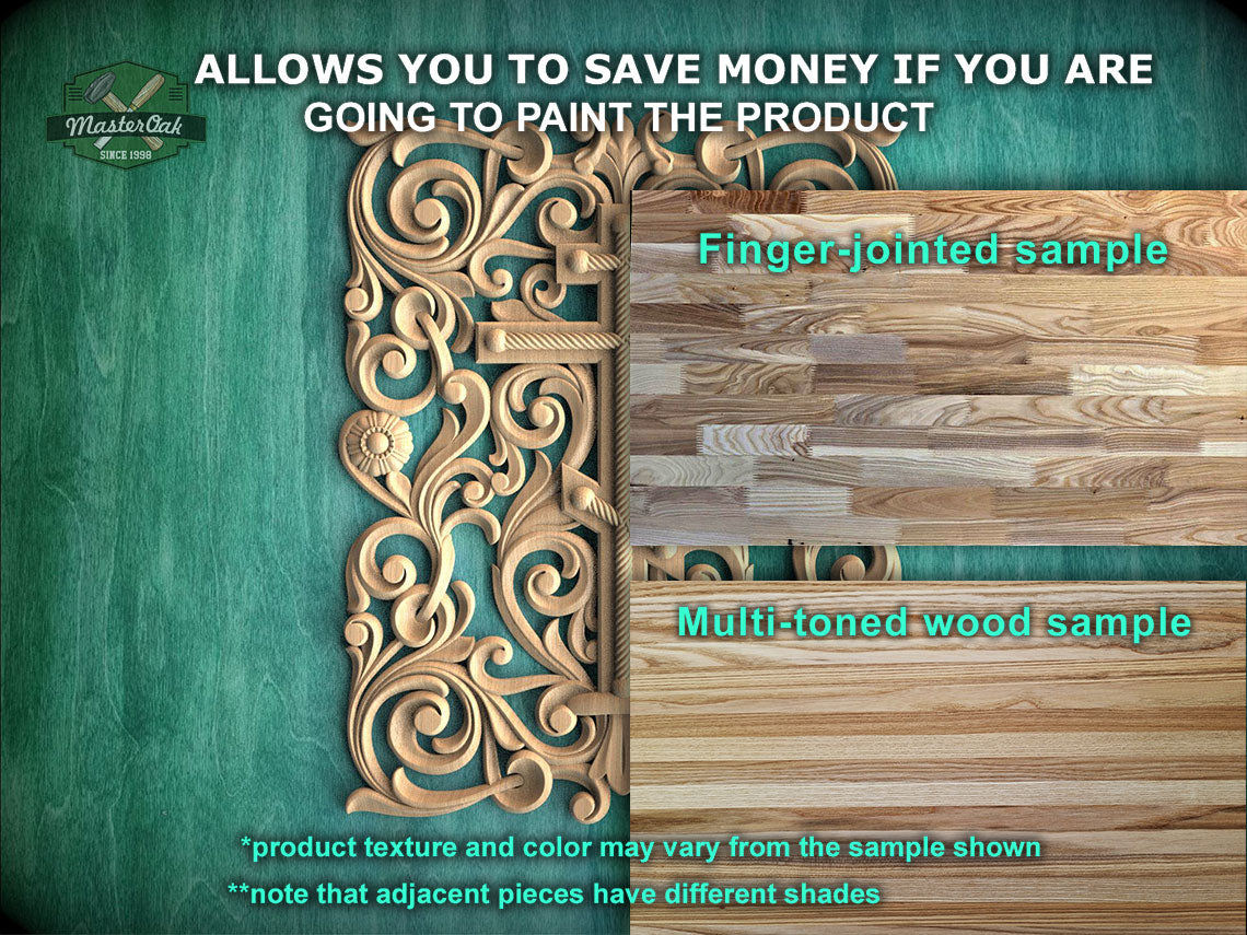 The image is a promotional image for Master Oak, a company that specializes in painting products. It features a wooden panel with intricate carvings and a finger-jointed sample of multi-toned wood. The text on the image encourages viewers to save money by painting the product, highlighting the product's texture and color variations.