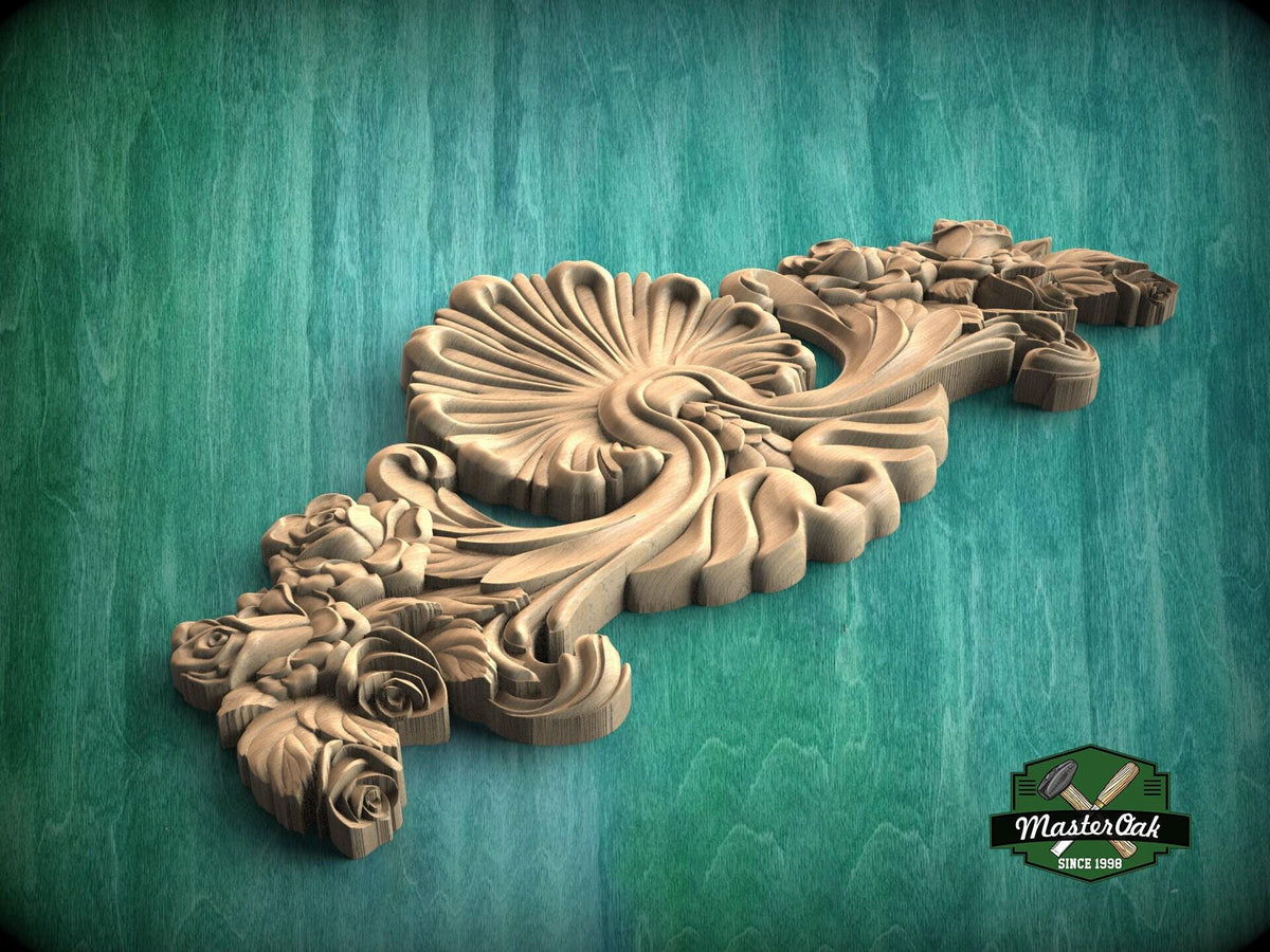 Seashell and Rosebud Symphony Wood Carving, Roses and Shell Carved Applique, 1 pc, Unpainted, decorative wood onlay